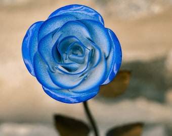 Personalized Gift Hand-Forged Wrought Iron Blue & White Metal Rose