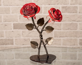 Personalized Double Red Metal Rose with Twist - 6th or 11th Anniversary Gift for Her