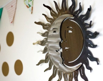 Wrought Iron Sun and Moon Sculpture, Wall Art