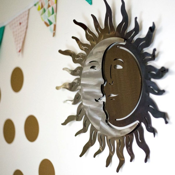 Escultura de sol y luna de hierro forjado, arte de la pared