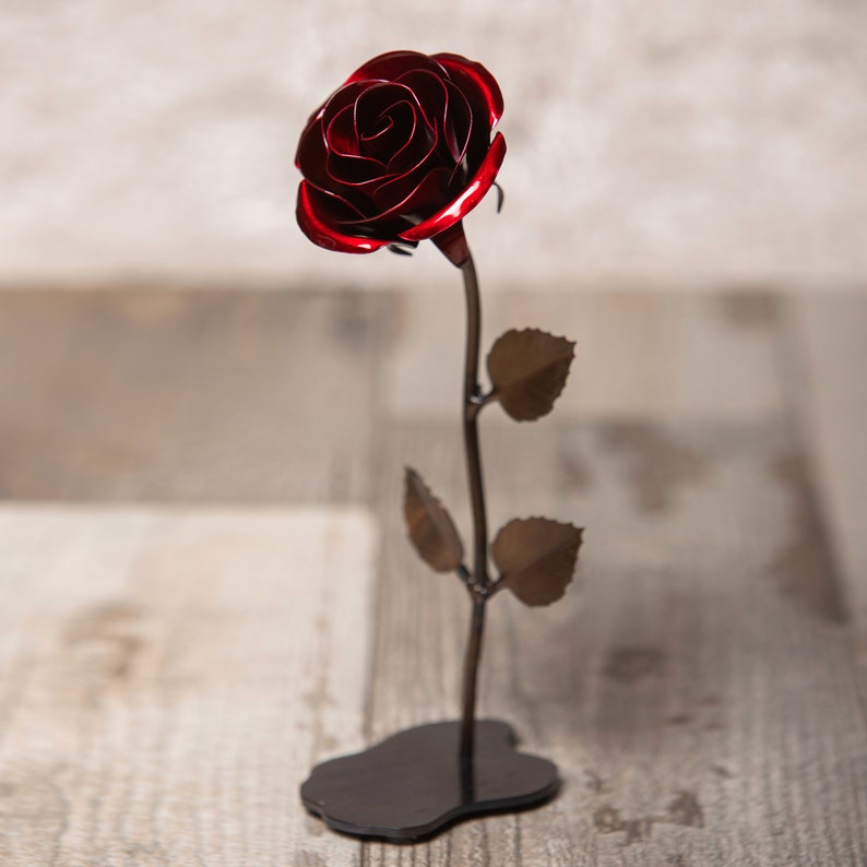 Personalized Gift Hand-Forged Wrought Iron Red Metal Rose image 3