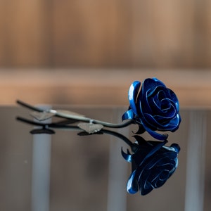 Personalized Gift Hand-Forged Wrought Iron Blue Metal Rose image 2