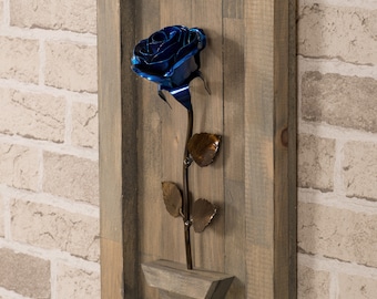 Personalized Gift - Framed Blue Metal Rose for Wood 5th Anniversary