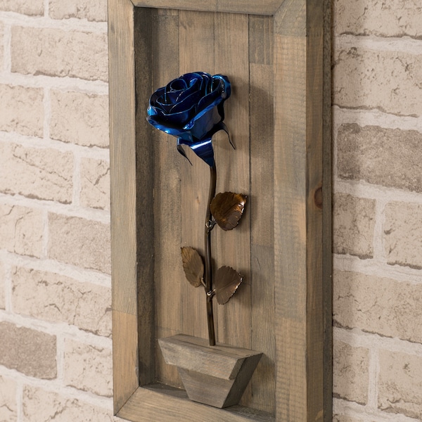 Personalized Gift - Framed Blue Metal Rose for Wood 5th Anniversary