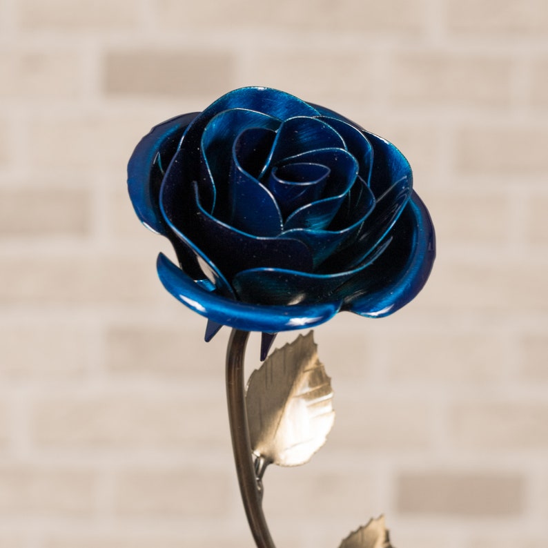 Personalized Gift Hand-Forged Wrought Iron Blue Metal Rose image 1