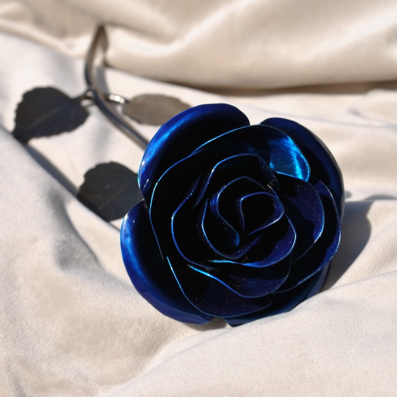 Personalized Gift Hand-Forged Wrought Iron Blue Metal Rose image 7