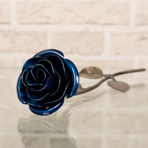 Personalized Gift Hand-Forged Wrought Iron Blue Metal Rose image 3