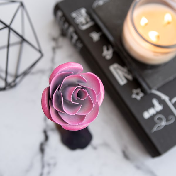 Personalized Gift Hand-Forged Wrought Iron Pink & White Metal Rose