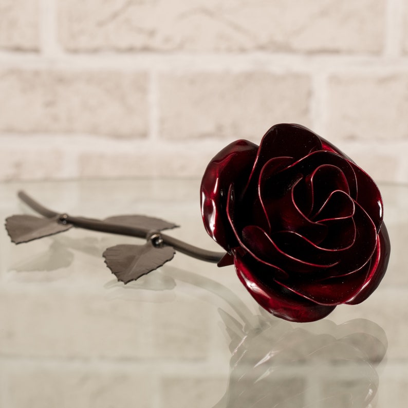 Personalized Gift Hand-Forged Wrought Iron Red Metal Rose image 2
