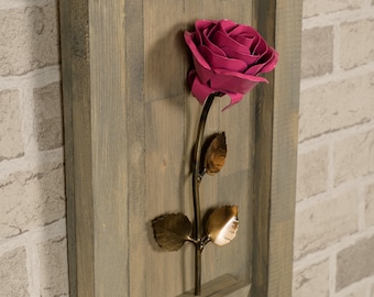 Metal Rose • Wood Hanging • Pink • Iron Anniversary • 6th Anniversary • Hand Forged • Personalized Gift