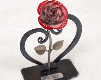 Personalized Gift Hand-Forged Wrought Iron Red Metal Rose with Heart-Shaped Stand