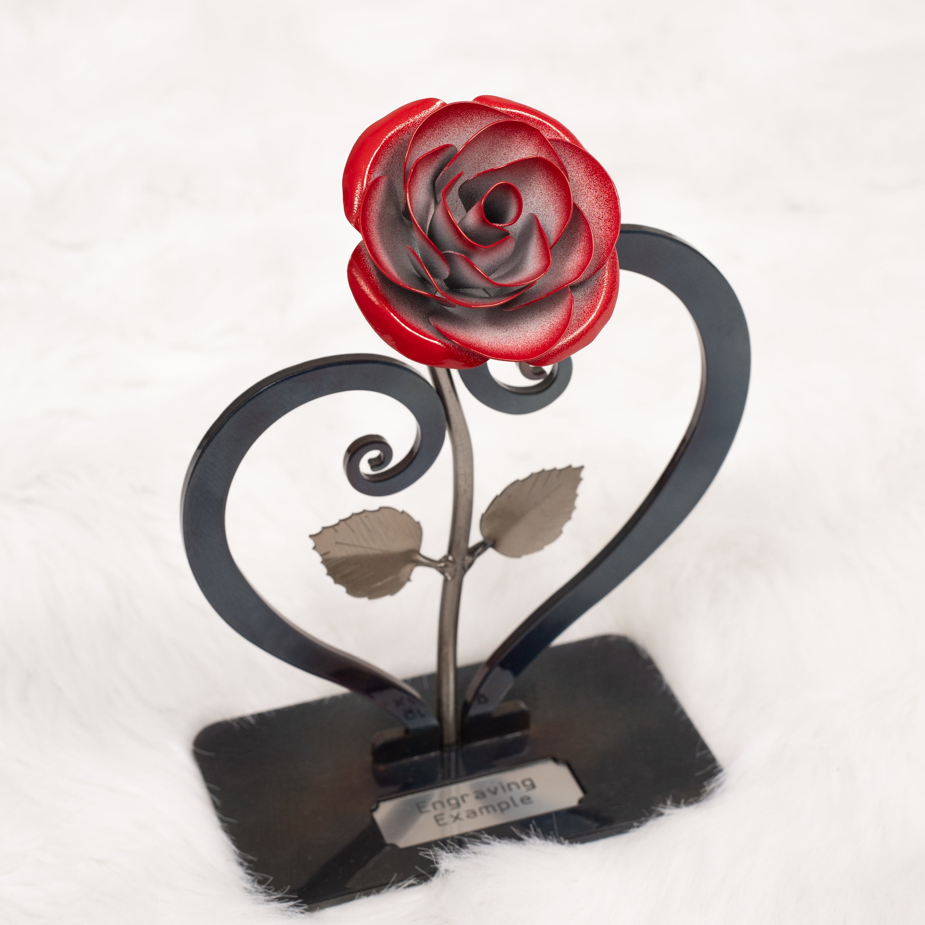 Valentines Day Gift Hand-Forged Wrought Iron Red Metal Rose with Wood Hanging 