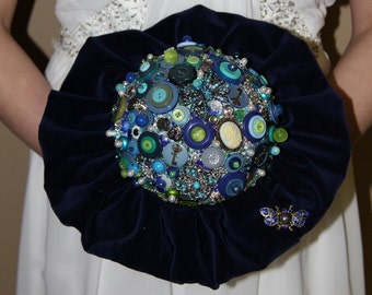 Blue Velvet Button, Brooch, Crystal, Jewelry Bouquet
