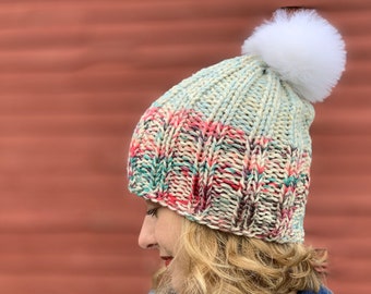 Fur Pom Beanie, Knitted Hat, Women's Accessory, Colorful Beanie, Gift for Her, Winter Accessory, Gift for Teen, Boho Hat
