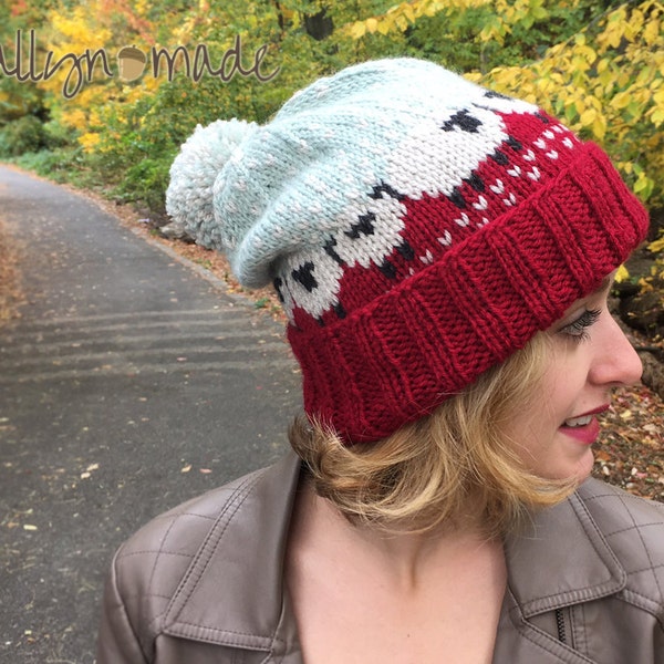 Knitted Sheep Hat, Red and Blue Women's Hat, Novelty Accessory, Women's Winter Hat, Teen, Slouchy Pom pom Beanie