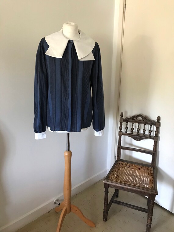 Benetton vintage 80s blue striped blouse with Larg
