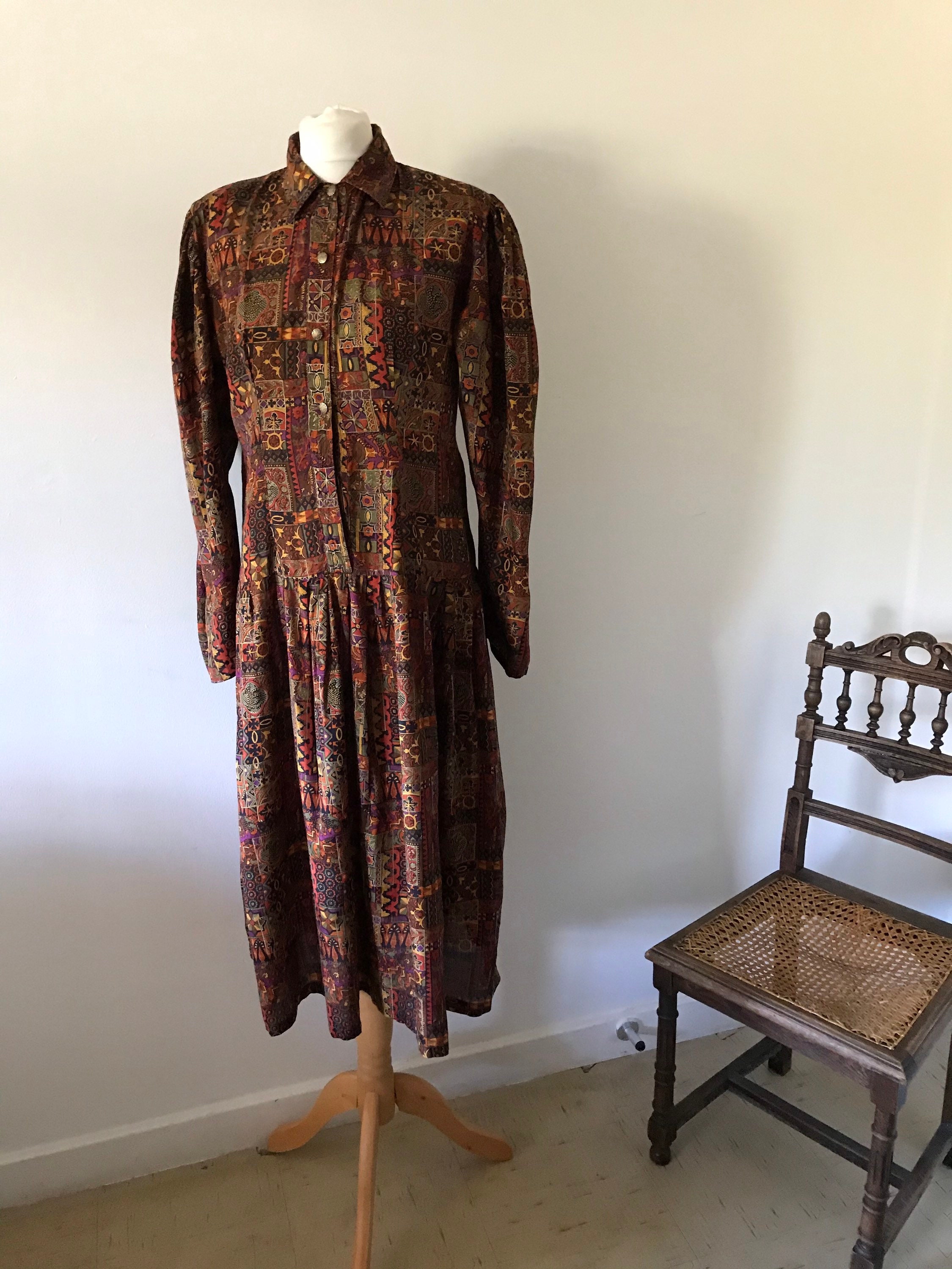 Image of Phool Vintage S Multicoloured Long Sleeve Dress Pleats Shoulder Pads Collar Viscose