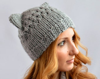 Gray Cat Hat, Knit Cat Ear Hat or Cat Beanie, Womens Cat Hat