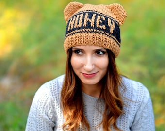 Custom Beanie with Bear Ears Name Beanie Personalized Beanie Knitted Name Hat Personalized Knit Winter Hat With Name Gift For Her Him