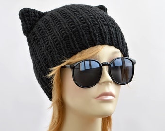 Hand Knitted Black Cat Hat, Knit Cat Ear Hat or Cat Beanie, Womens Cat Hat or Mens Cat Hat