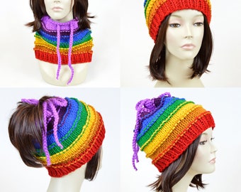 Modello per cappello arcobaleno // Modello per cappello con coda di cavallo, modello per sciarpa, modello per berretto con coda di cavallo, modello per cappello da donna lavorato a maglia, cappello con foro, sciarpa con coda di cavallo