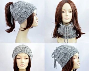 Gray Ponytail Hat Scarf, Ponytail Beanie, Transformer Hat, Hat with Hole, Womens Hat, Knit Hat, Knit Beanie, Bonnet Femme, Womens Beanie