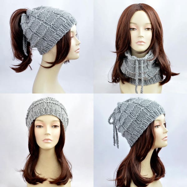 Hat Knitting Pattern // Ponytail Hat Pattern, Ponytail Beanie, Womens Hat Pattern, Pony Tail Hole Hat, Ponytail Hat Scarf, PDF Pattern