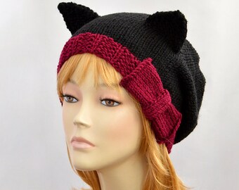 Black Cat Hat with Burgundy Bow, Burgundy Hat, Black Hat, Knit Cat Ear Hat or Cat Beanie, Womens Cat Hat, Burgundy Cat Beanie, Slouchy Hat