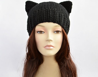 Black Cat Hat, Cat Ears, Cat Ear Hat, Womens Cat Beanie, Cat Ear Beanie, Knit Hat, Ears Hat, Knitted Hats, Bonnet Femme, Hat with Cat Ears
