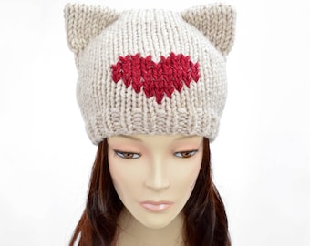 Cat Hat Knitting Pattern // Heart Hat Womens Knit Hat Pattern PDF, Cat Hat Pattern, Cat Ear Beanie Cat Ears Ear Hat, Cat Beanie Bonnet Femme