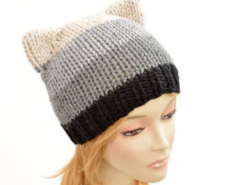 Cat Hat Knitting Pattern // Strip Hat Womens Knit Hat Pattern PDF Cat Hat Pattern, Cat Ear Beanie, Cat Ears Ear Hat, Cat Beanie Bonnet Femme