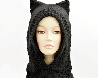 Cat Ear Beanie, Hood Hat, Black Cat Ear Hat, Balaclava Hat, Hat Scarf Hood, Bonnet Femme, Cat Beanie, Knit Cat Hat, Animal Ear, Woman Beanie
