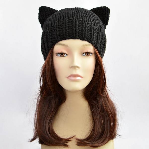 Black Cat Hat, Cat Ears, Cat Ear Hat, Womens Cat Beanie, Cat Ear Beanie, Knit Hat, Ears Hat, Knitted Hats, Bonnet Femme, Hat with Cat Ears