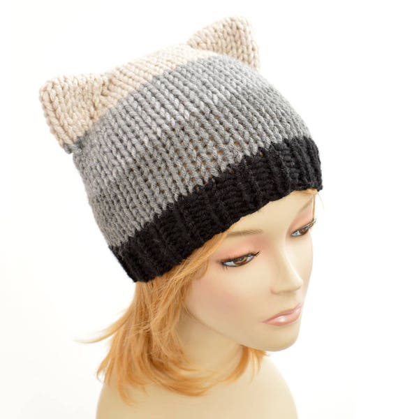 Cat Hat Knitting Pattern // Strip Hat Womens Knit Hat Pattern PDF Cat Hat Pattern, Cat Ear Beanie, Cat Ears Ear Hat, Cat Beanie Bonnet Femme