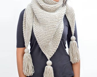 Scarf Knitting Pattern // Triangle Tassel Scarf Pattern, Womens Scarf Pattern, Triangle Scarf, Shawl Pattern, PDF Pattern Knit Scarf Pattern