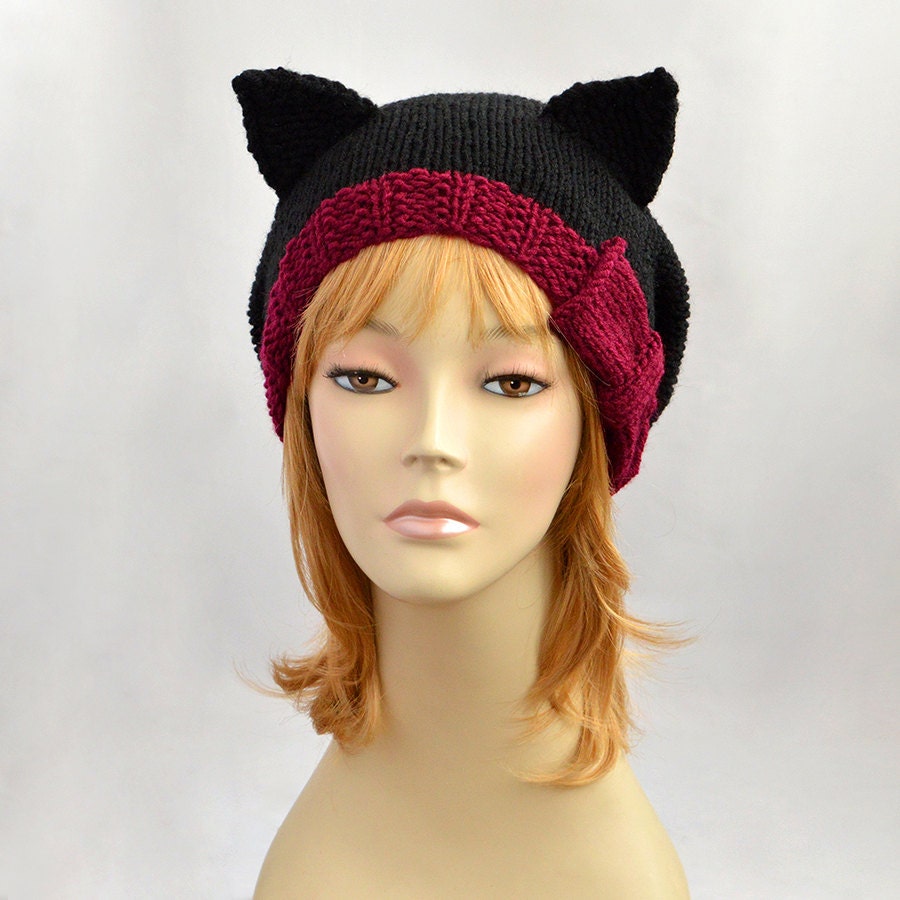 Black Cat Hat With Burgundy Bow Burgundy Hat Black Hat Knit - Etsy