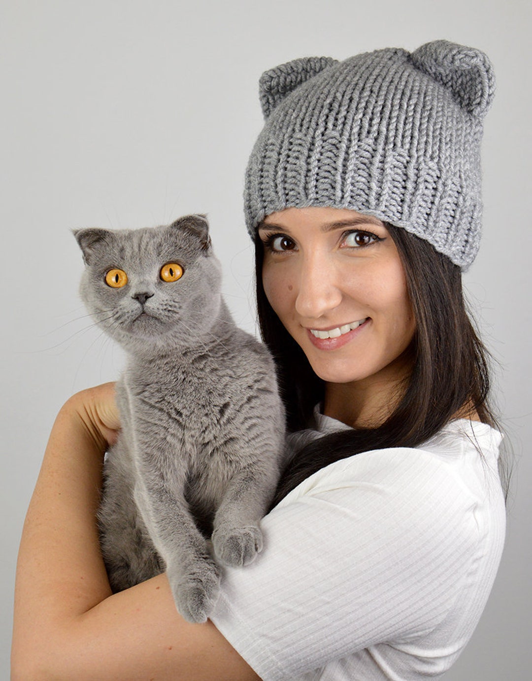 帽子 LOOP YARN SHAGGY CAT EAR KNIT CAP GRAY Gray Wolf Dog Ears Beanie - Crochet Ashen Slouchy Chunky Cat Hat