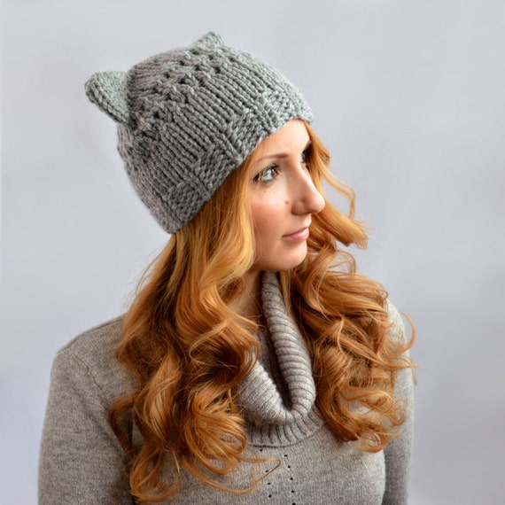 Gray Cat Hat, Knit Cat Ear Hat or Cat Beanie, Womens Cat Hat
