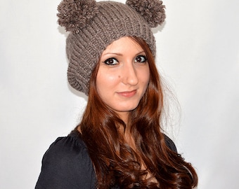 Bear Hat, Knit Bear Ear Hat or Bear Beanie, Womens Bear Hat, Double Pom Pom Hat, Bear Ears Hat