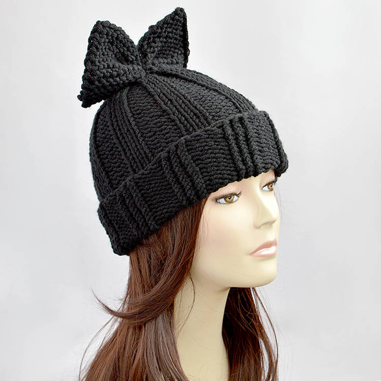 Bow Hat, Woman Hat with Bow, Black Bow Hat, Hand Knitted Hat, Knit Hat, Knit Beanie