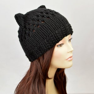 Black Cat Hat, Knit Cat Ear Hat or Cat Beanie, Womens Cat Hat or Mens Cat Hat | 9871