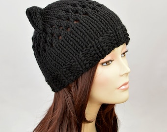 Black Cat Hat, Knit Cat Ear Hat or Cat Beanie, Womens Cat Hat or Mens Cat Hat | 9871