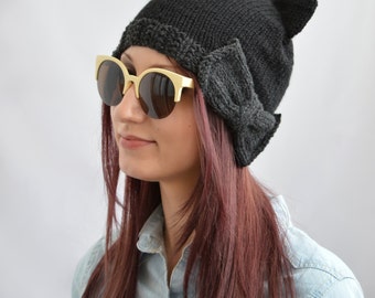Black Cat Hat, Knit Cat Ear Hat or Cat Beanie, Womens Cat Hat, Womens Hats, Cat Ear Beanie with Bow