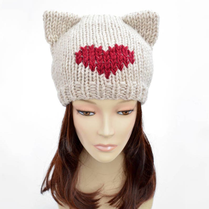 Cat Hat Knitting Pattern Heart Hat Womens Knit Hat Pattern PDF Cat Ear Beanie Cat Ears Ear Hat Cat Hat Pattern Cat Beanie Bonnet Femme