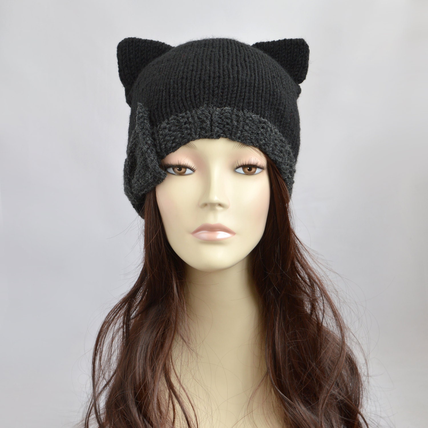 Black Cat Hat Knit Cat Ear Hat or Cat Beanie Womens Cat Hat Etsy