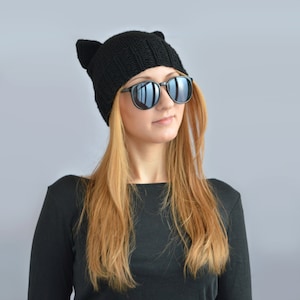 Black Cat Hat, Knit Cat Ear Hat or Cat Beanie, Womens Cat Hat or Mens Cat Hat