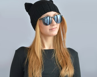 Schwarze Katzenmütze, gestrickte Katzenohrenmütze oder Katzenbeanie, Damen Katzenmütze oder Herren Katzenmütze