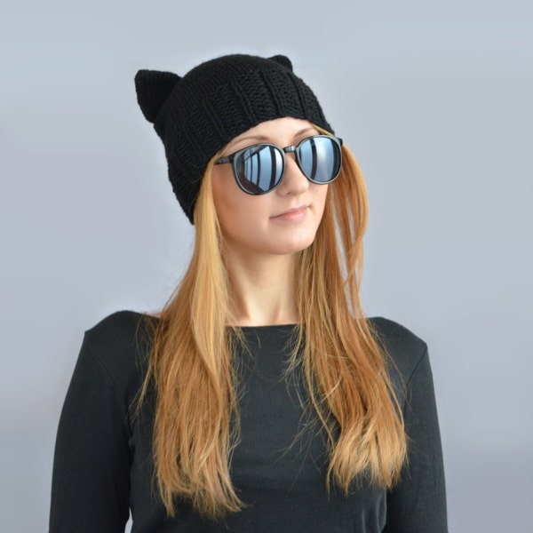 Black Cat Hat, Knit Cat Ear Hat or Cat Beanie, Womens Cat Hat or Mens Cat Hat