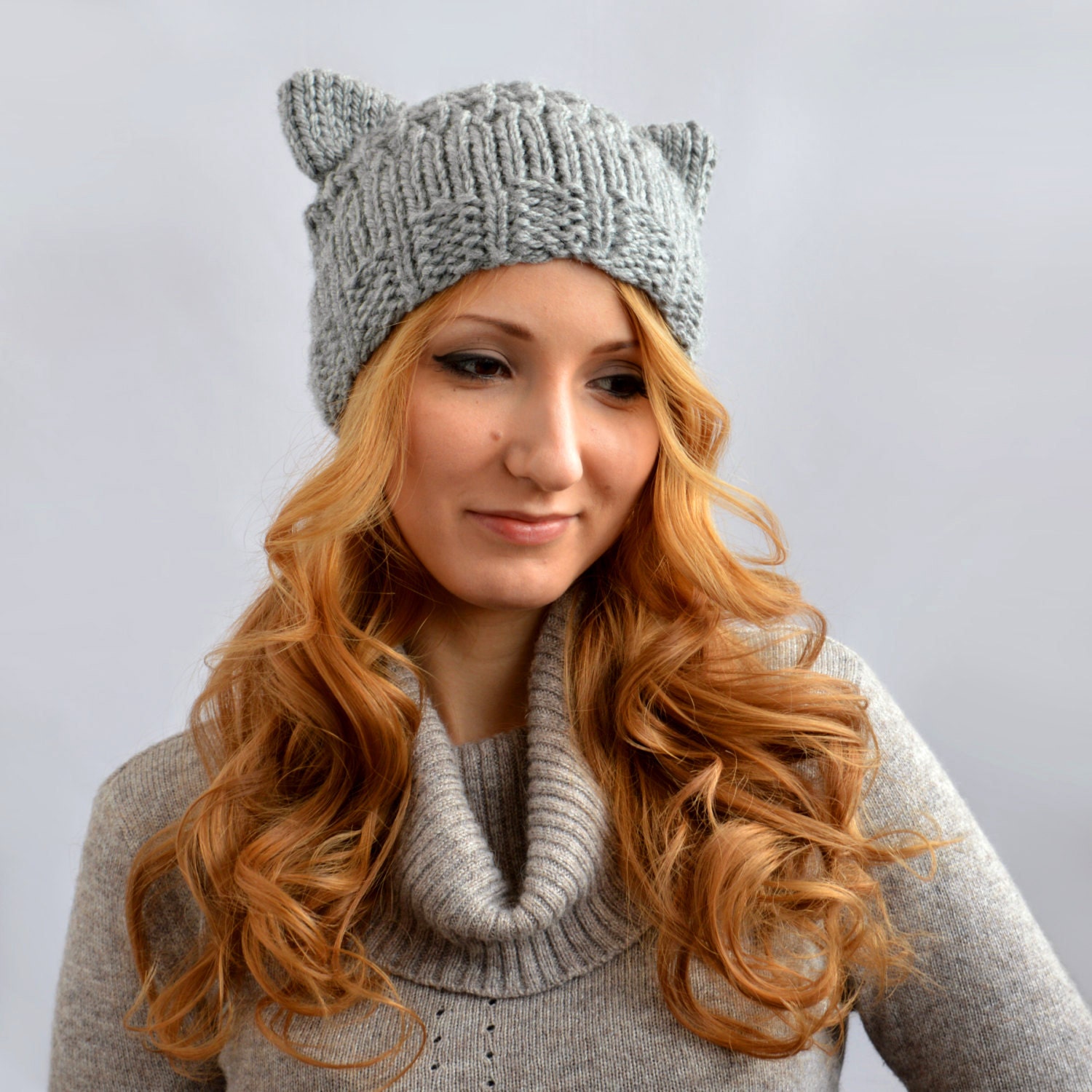 中華のおせち贈り物 Gray Cat Hat, Knit Cat Ear Hat or Cat Beanie, Womens Cat Hat 帽子