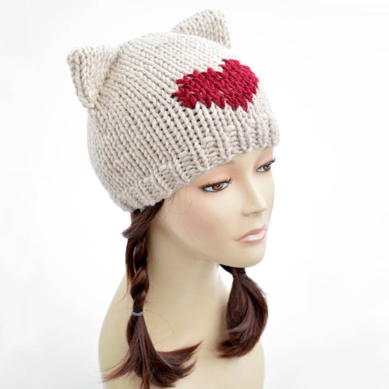 Cat Hat Knitting Pattern Heart Hat Womens Knit Hat Pattern PDF Cat Ear Beanie Cat Ears Ear Hat Cat Hat Pattern Cat Beanie Bonnet Femme